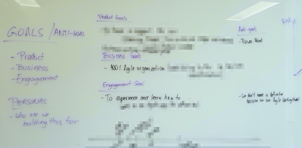 Whiteboard with business, product, project, consulting engagement, and anti-goals written out